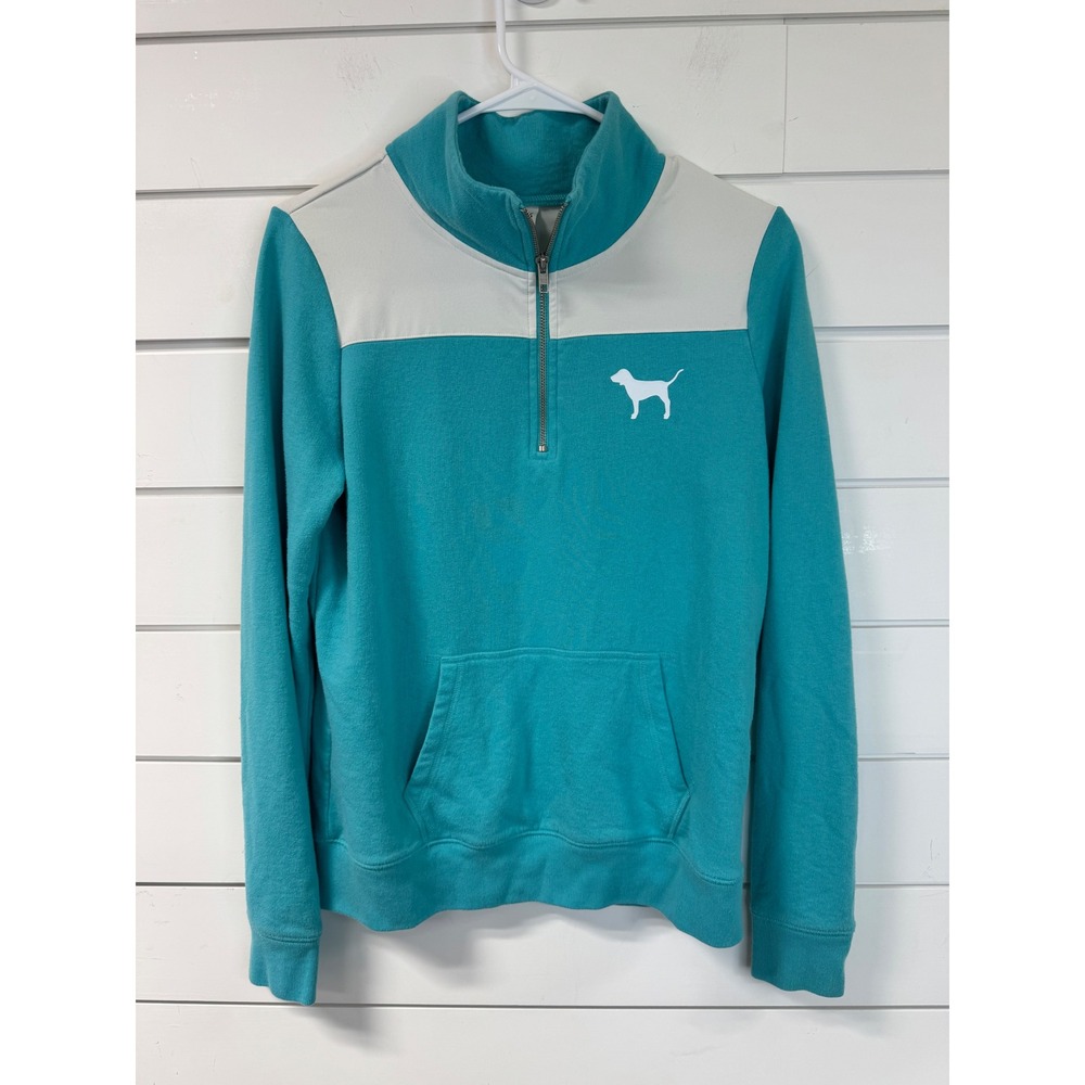 PINK Victoria's Secret Quarter Zip Pullover Teal White Floral Logo Sweatshirt M